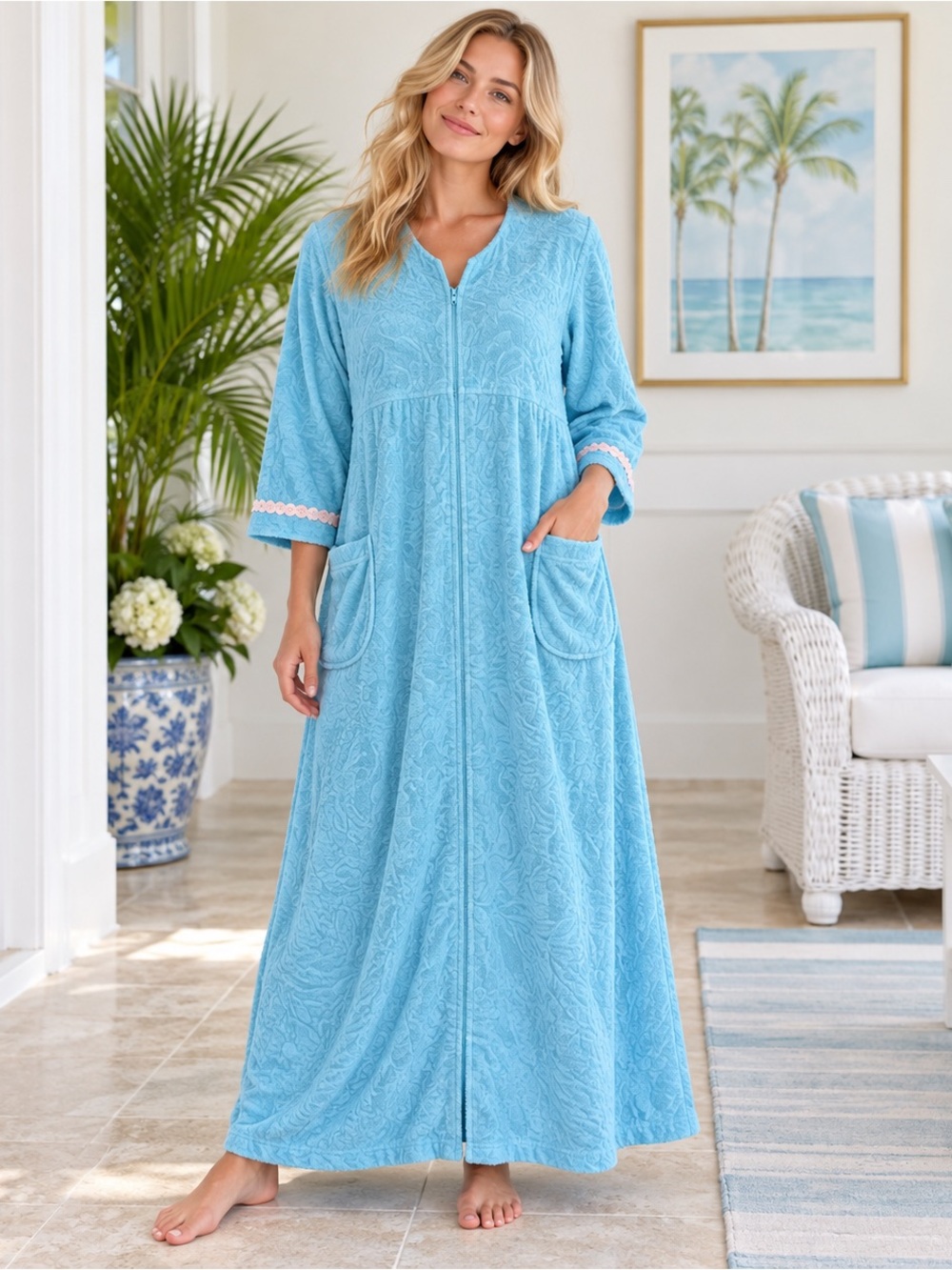 Lilly Pulitzer Terry Cloth Full-Length Zip Robe XL Turquoise Blue